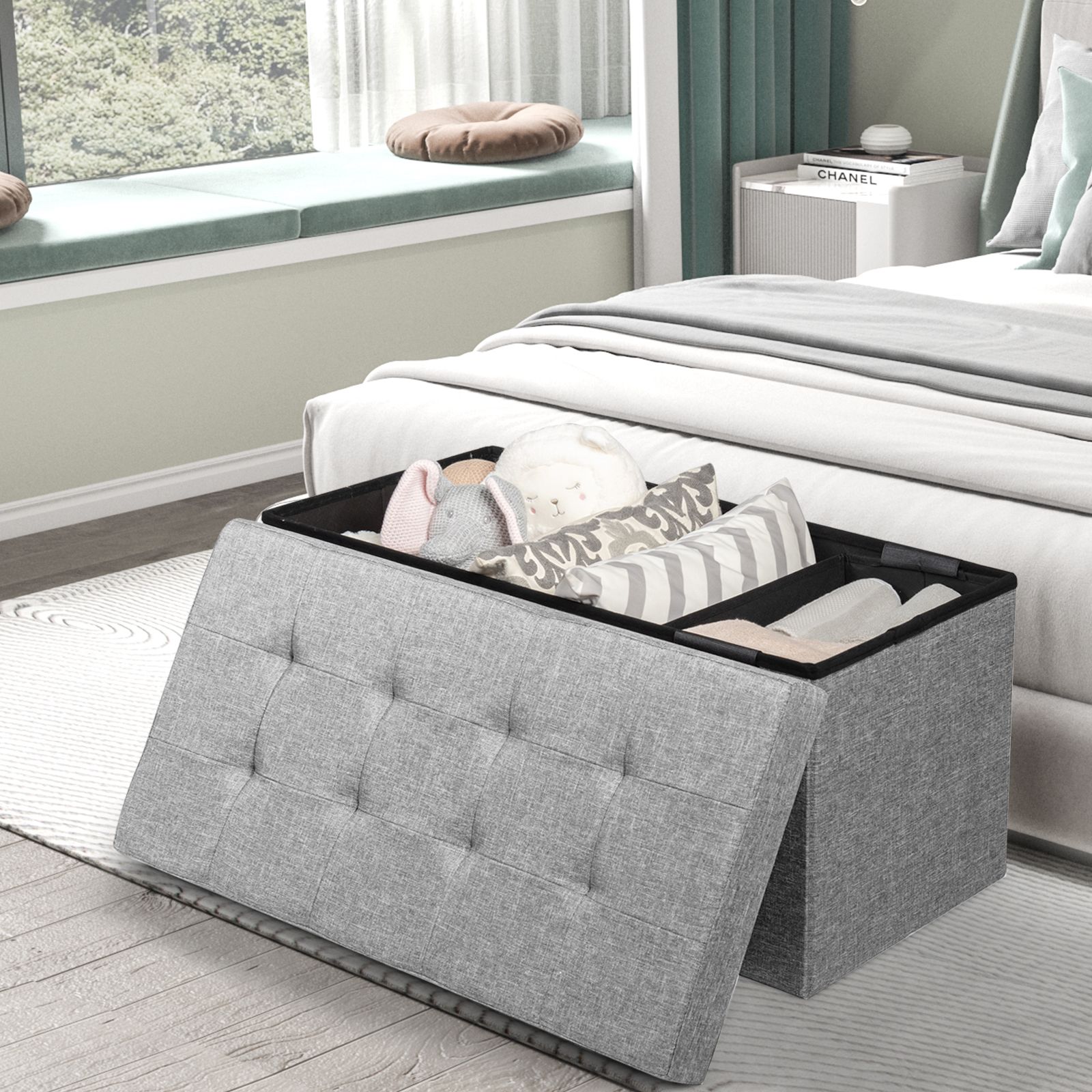 Fabric Foldable Storage Ottoman with Padded Seat for Living Room Light Grey